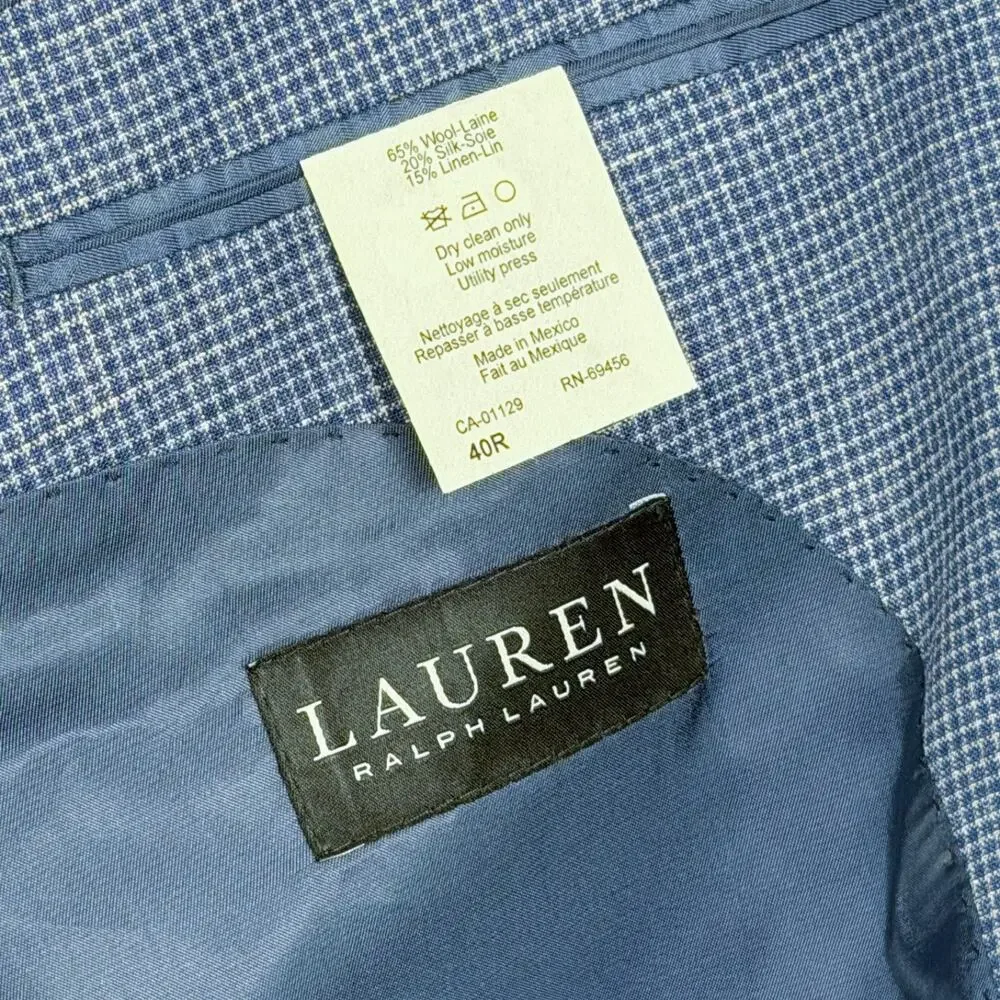 Lauren Ralph Lauren Men Wool Silk Linen Blue Checks Preppy Blazer Sport Coat 40R